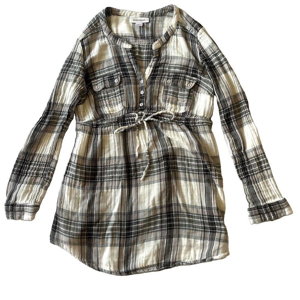 Motherhood Maternity Plaid Top Gray White L/S Tunic Size L Roll Tab Drawstring